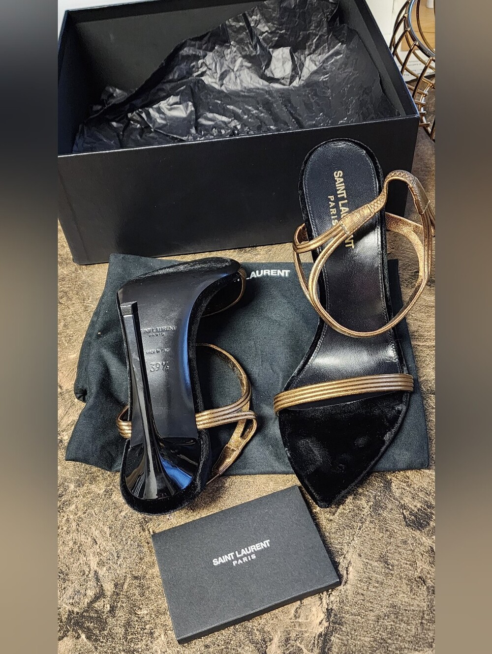 Saint Laurent Paris Black and Metallic Gold Slingback Sandals - Picture 5 of 8